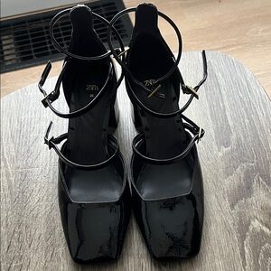Zara Glossy Black Patent Strappy Heels — Square Toe, Ankle Tie, Size 6